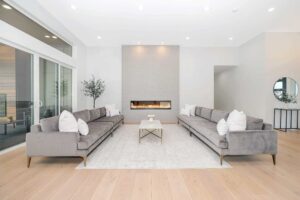 gray interior living room with fireplace