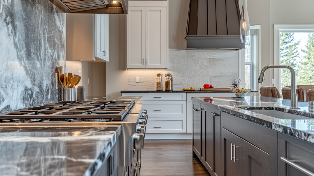 luxury kitchen with marble countertops and double range oven