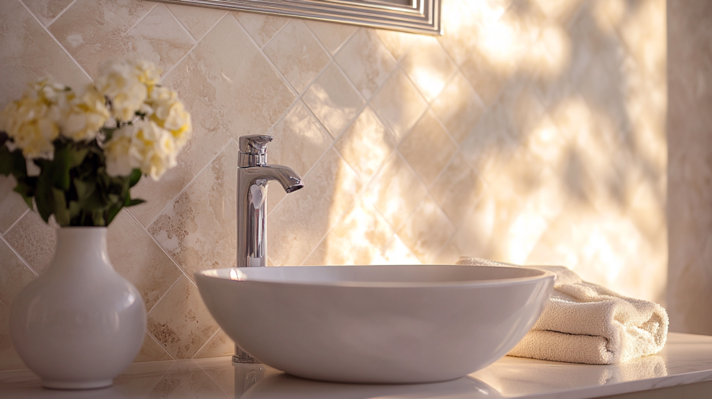closeup bathroom sink with tiled backsplash